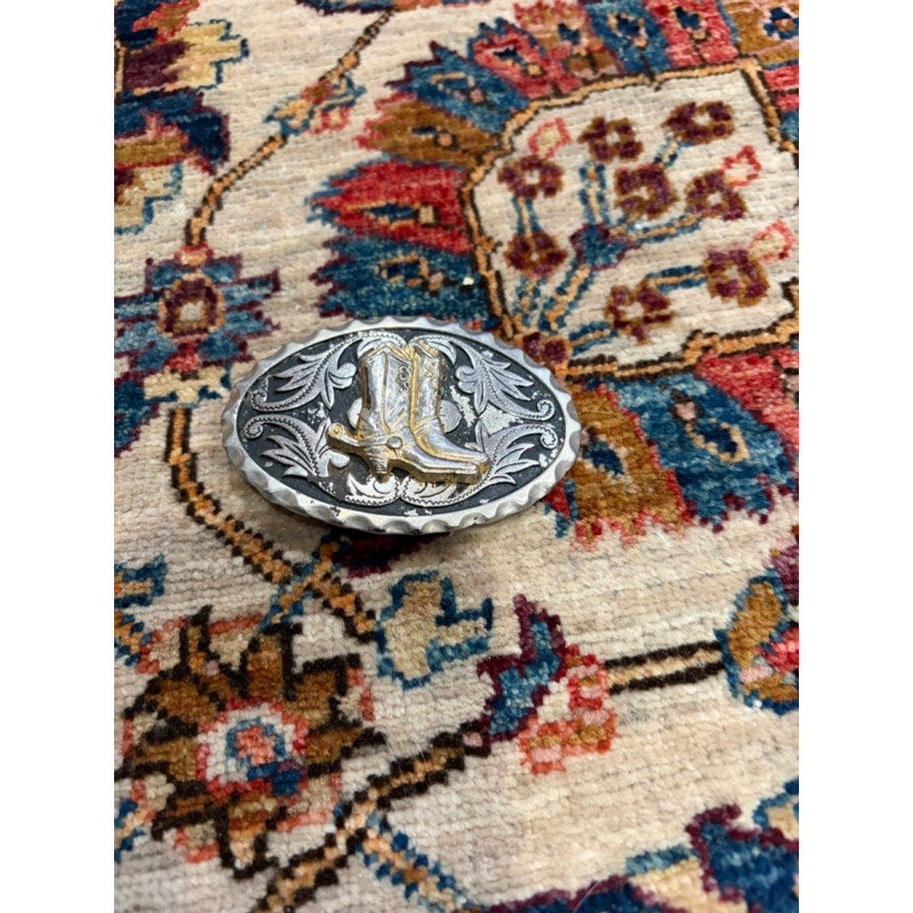 Vintage Western Cowboy Boot Belt Buckle Silver Gold Tone Engraved Rodeo